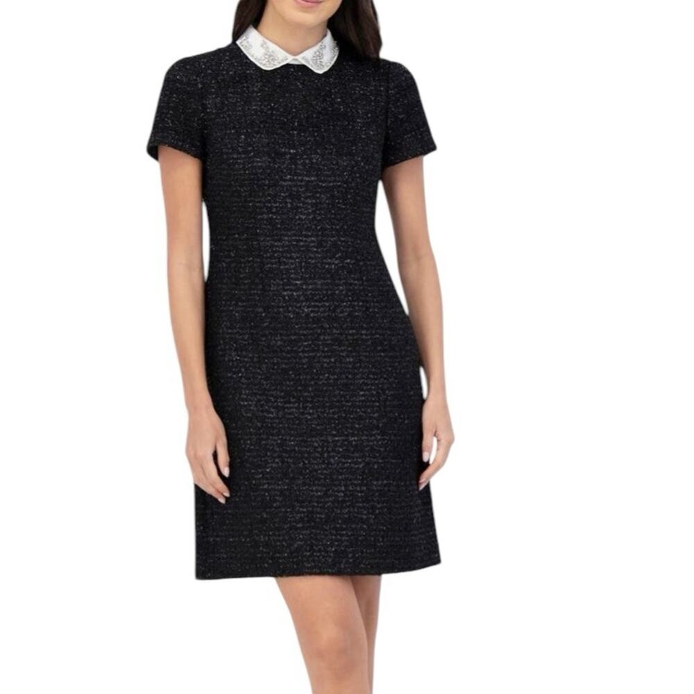Eliza J Black Tweed Shift Dress with White Lace Collar Detail